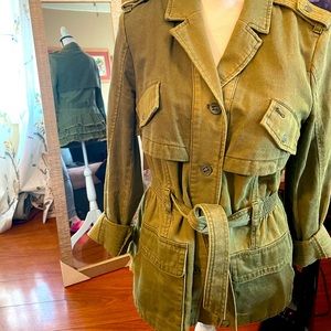 Cotton Olive jacket with belt and ruffled back from Urban Outfitters